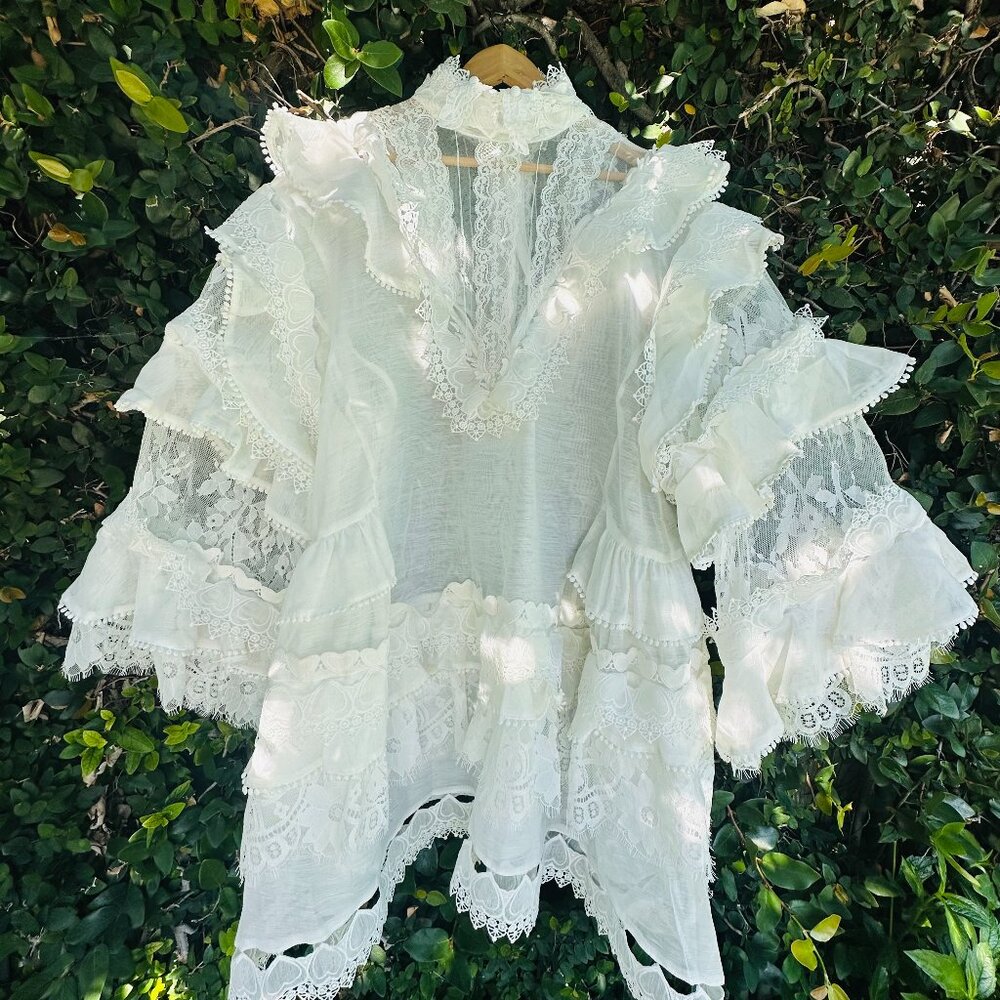 Miss Rosier Mylène white tied layered lace mini dress